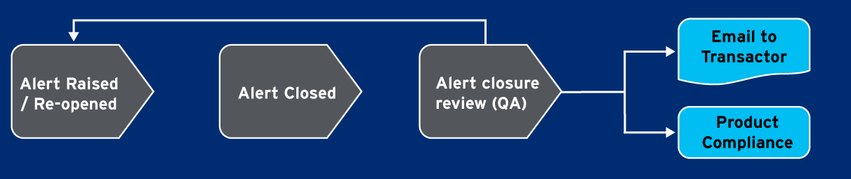 Flowchart shows the steps in the process from Alert Raised, to Alert Closed, to Alert Closure Review (QA). The alert may be reopened after review. If it is not reopened, an email is sent to the Transactor and Product Compliance is notified.