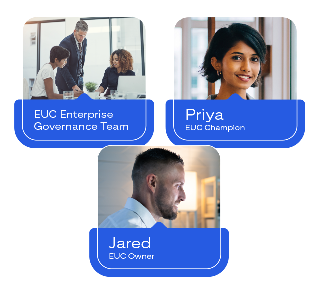 Images of EUC Enterprise Governance Team, Priya: EUC Champion, Jared: EUC Owner