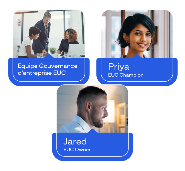 Images de l’équipe de gouvernance d’entreprise des ressources EUC, Priya : EUC Champion, Jared : EUC Owner