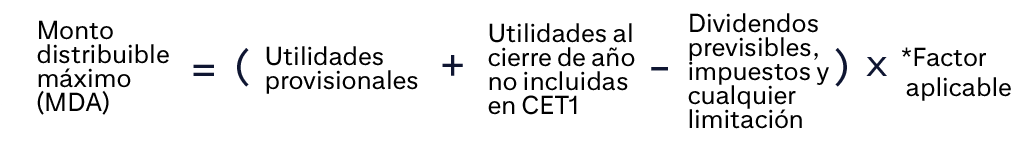 Fórmula: Calculamos el MDA de la siguiente manera: las utilidades provisionales más las utilidades de fin de año no incluidas en CET1, menos los dividendos e impuestos previstos y cualquier limitación antes mencionada, multiplicado por los siguientes factores